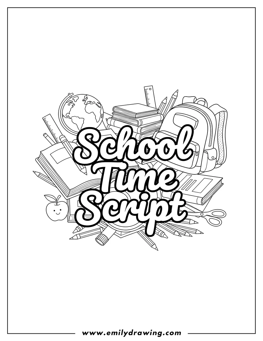 Simple sketch of school Time Script Surrounded By a variety of school supplies, including an open book and a backpack to color