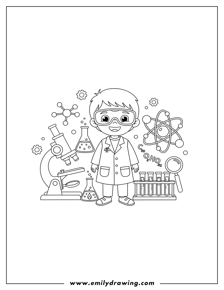 Free to print drawing of science Laboratory Tools And Molecules with microscopes, beakers, and atom models