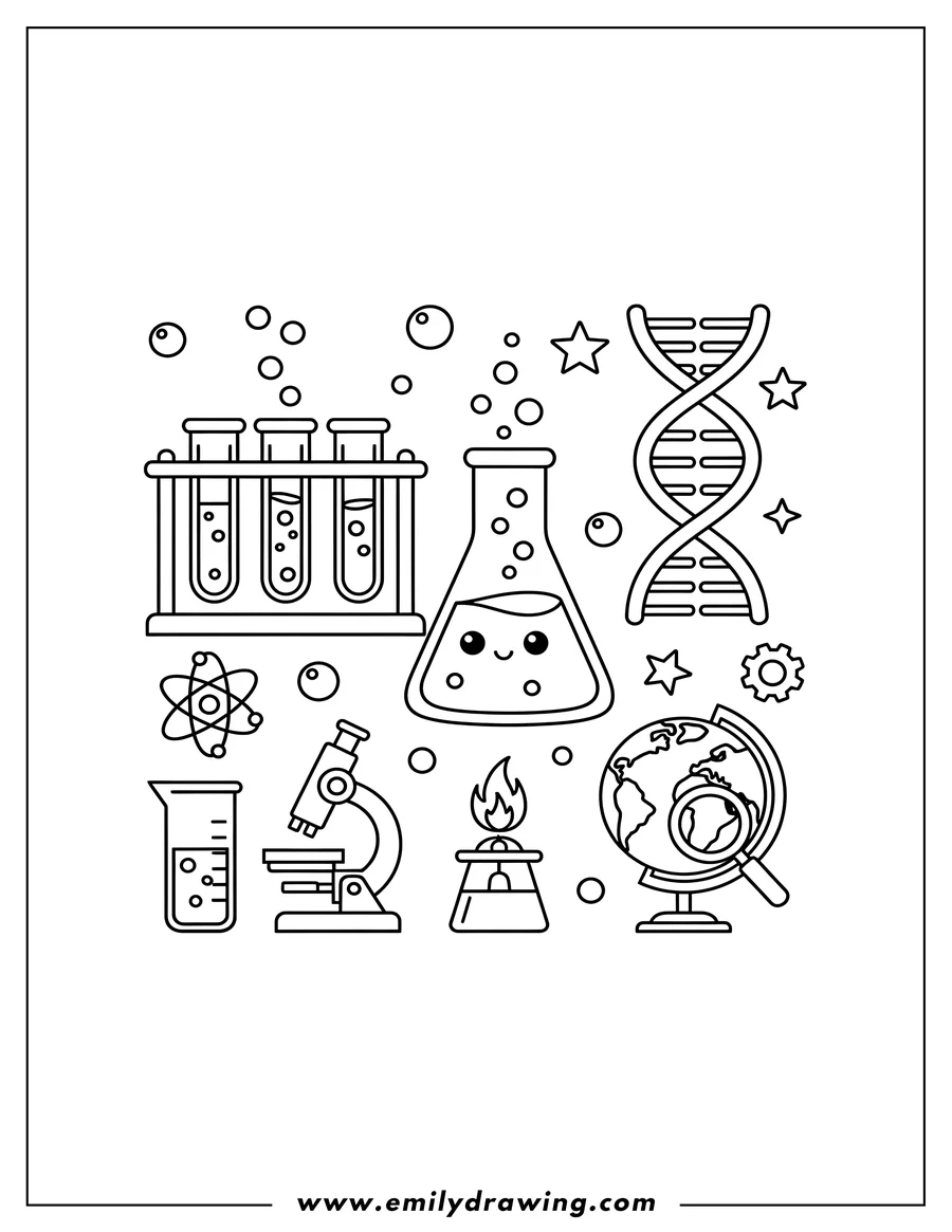Coloring page for kids: science Laboratory Tools And Symbols, featuring test tubes, DNA helix, and a globe
