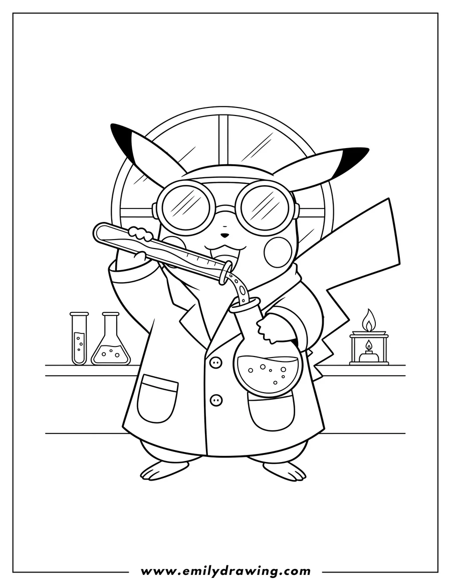Vector style outline of scientist Pikachu wearing a lab coat and safety goggles, holding up a test tube and pouring liquid into a flask