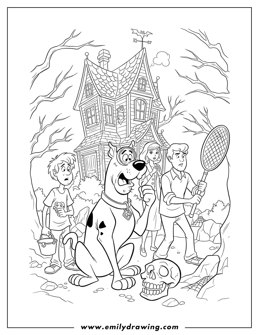 Free to print drawing of scooby Doo And Gang At Haunted House Scaled, with Scooby holding a magnifying glass investigating a skull, Shaggy holding a bucket, and Fred holding a net