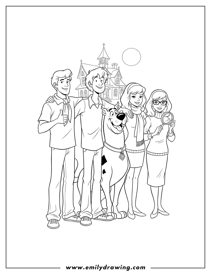 High quality printable scooby Gang, standing together, smiling, with Shaggy's arm around Scooby for coloring