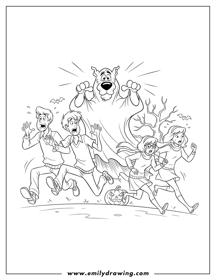 Free printable coloring sheet of scooby Doo, draped in a sheet like a ghost, scaring Fred, Shaggy, Daphne, and Velma as they run away in terror