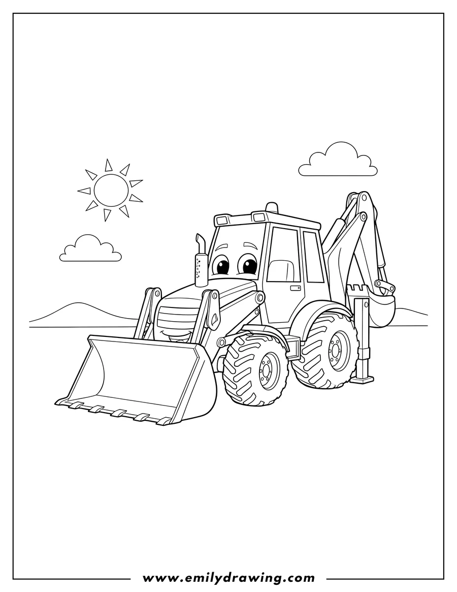 Vector style outline of scoop the cartoon backhoe loader with a smiling face