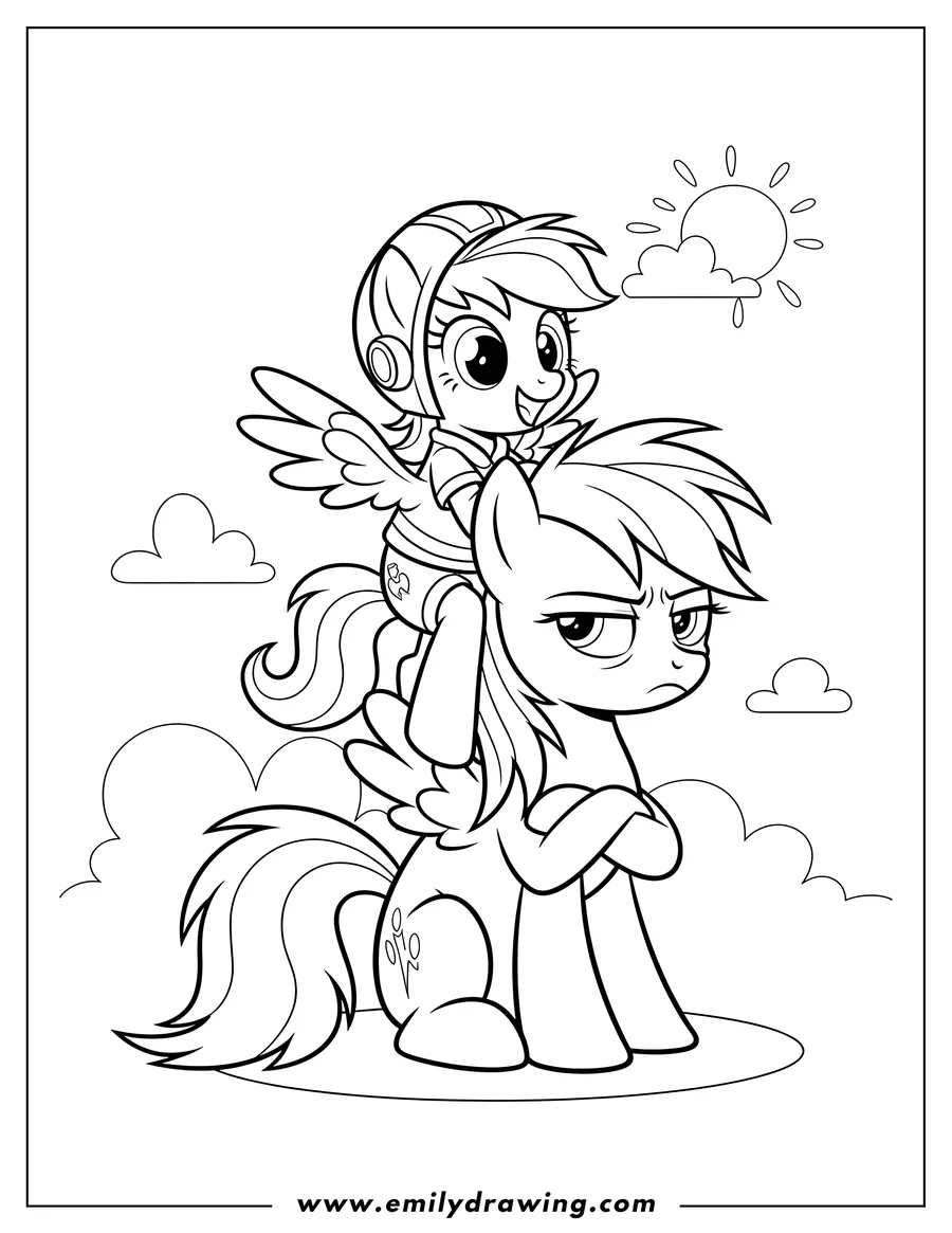 Full page coloring image of scootaloo sitting happily on a grumpy Rainbow Dash