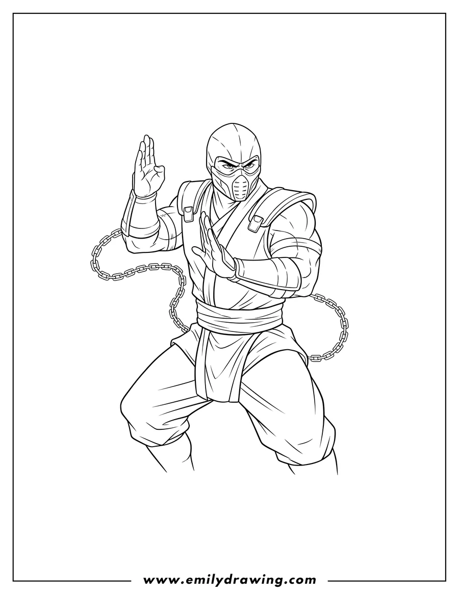 Clean line drawing: mortak Kombat Scorpion in a martial arts pose with one hand raised