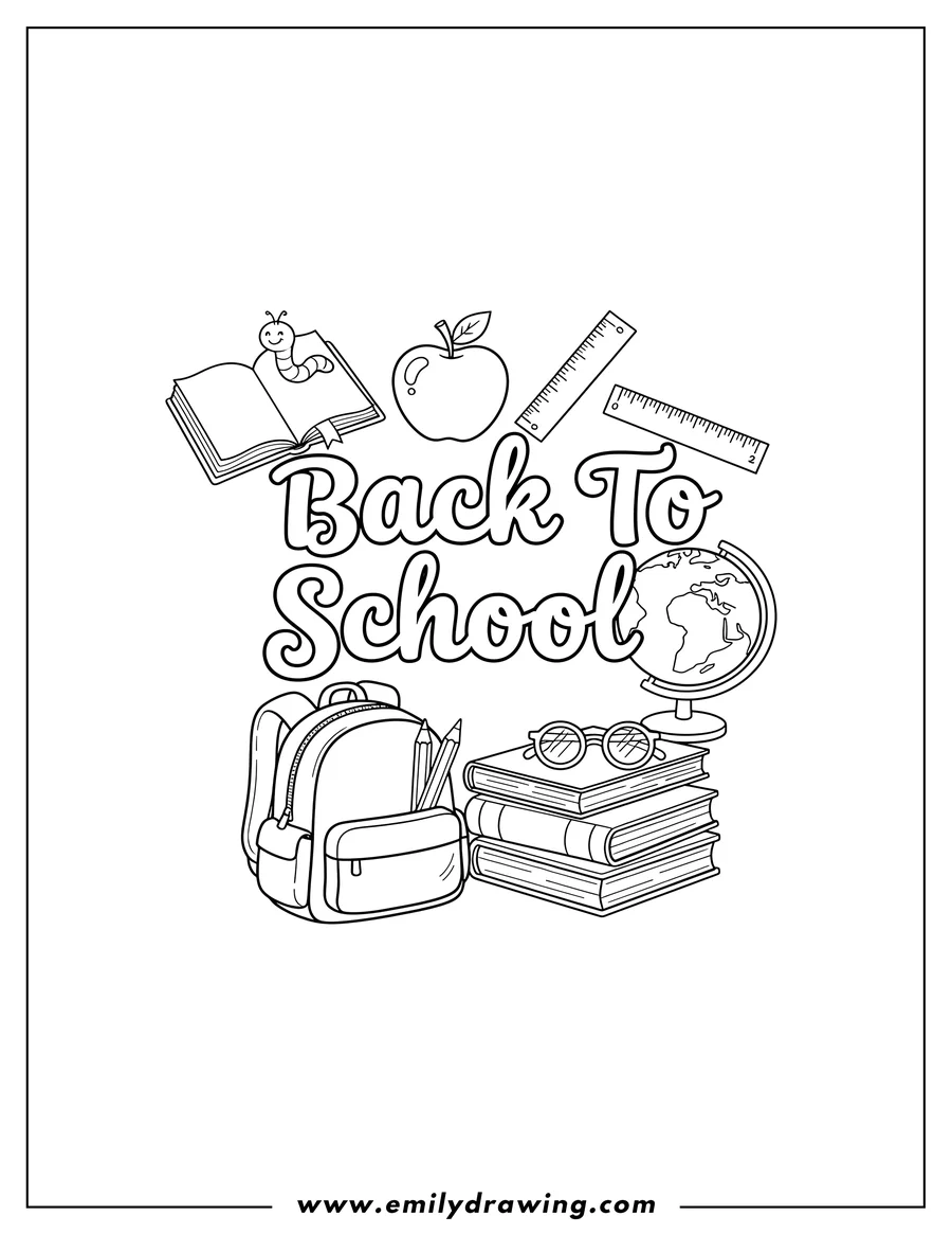 PDF style coloring page: back To School Script Surrounded By school supplies like an open book, an apple, and a ruler