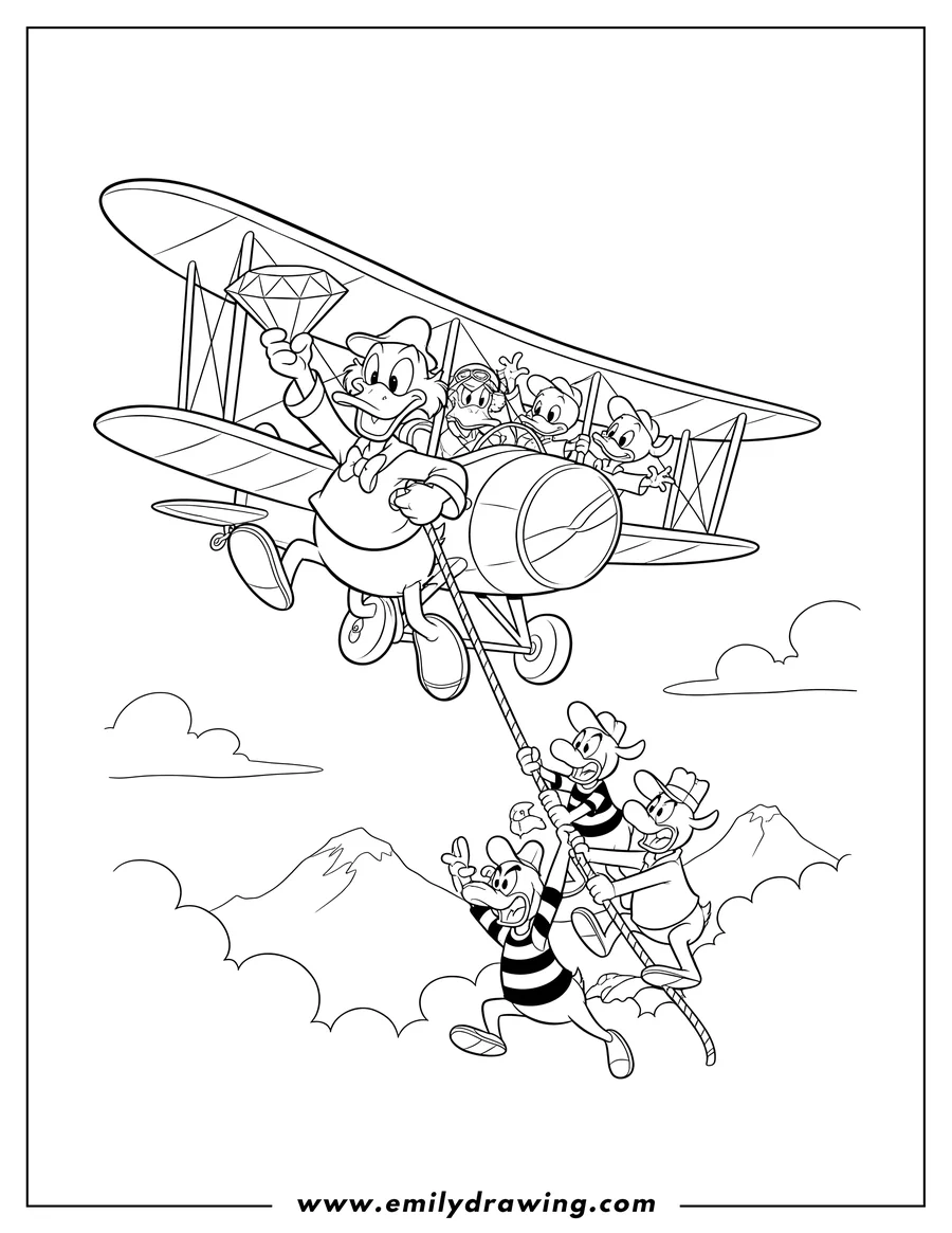 Coloring page of duck Tales Scrooge McDuck holding a diamond and hanging from a rope, escaping in Launchpad's plane with Huey, Dewey, and Louie from the climbing Beagle Boys