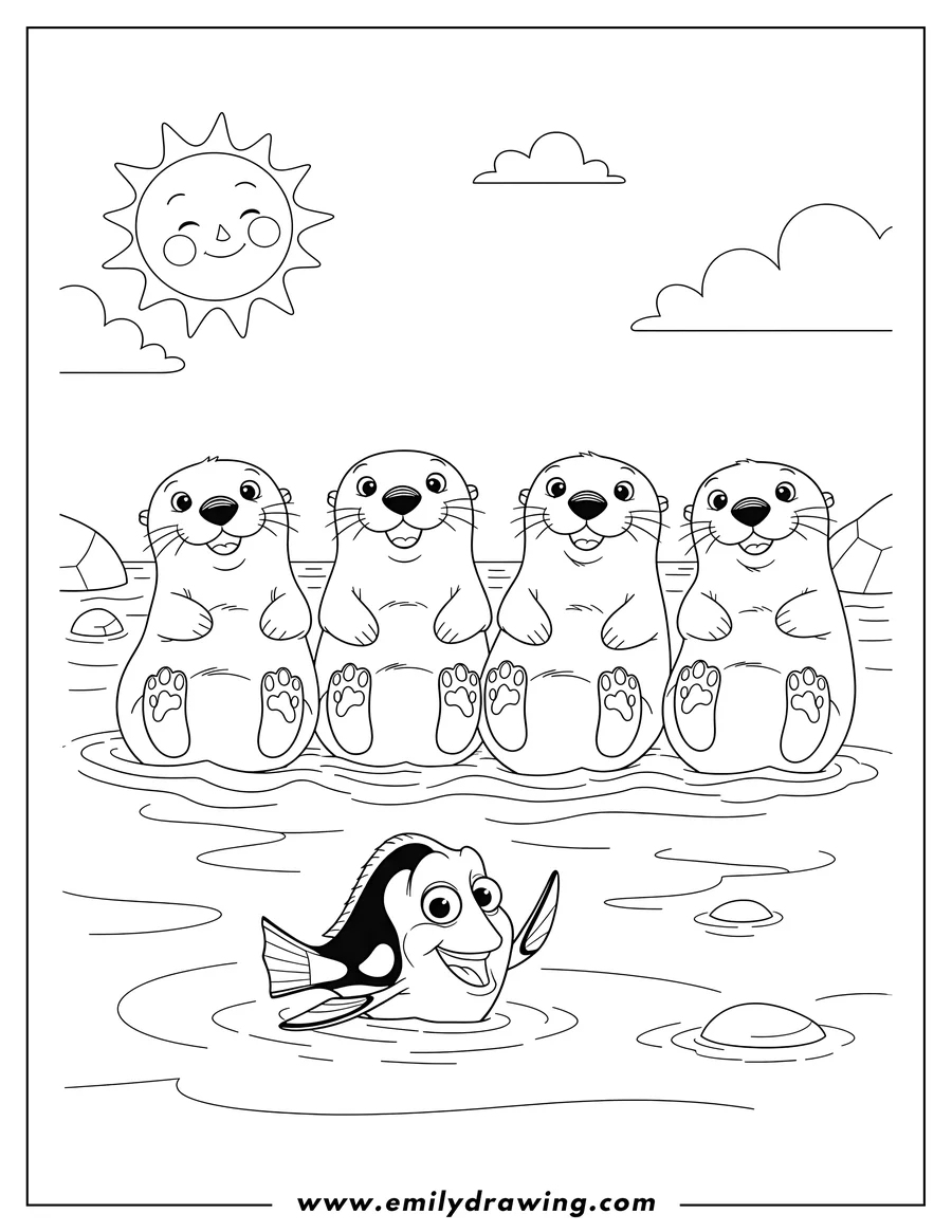 Printable coloring page of four sea otters holding paws, with Dory smiling up from the water