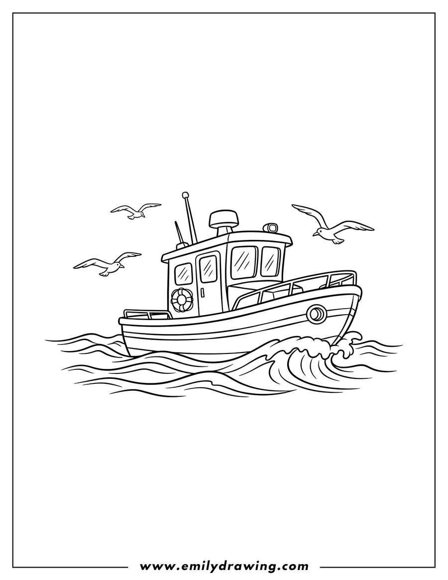 Vector style outline of A sea patrol boat on wavy water with seagulls flying