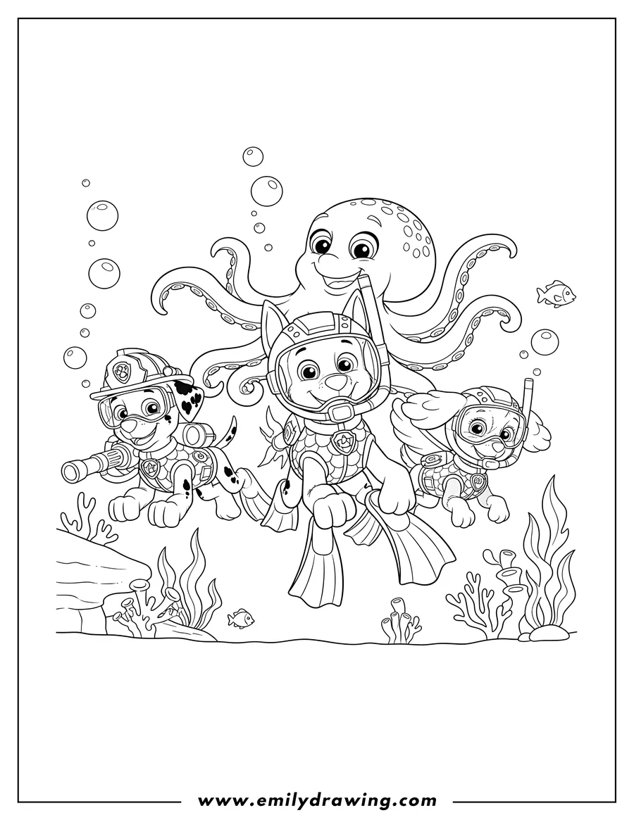 Linear illustration of sea Rescue Paw Patrol Scaled, three pups swimming underwater in diving gear with an octopus