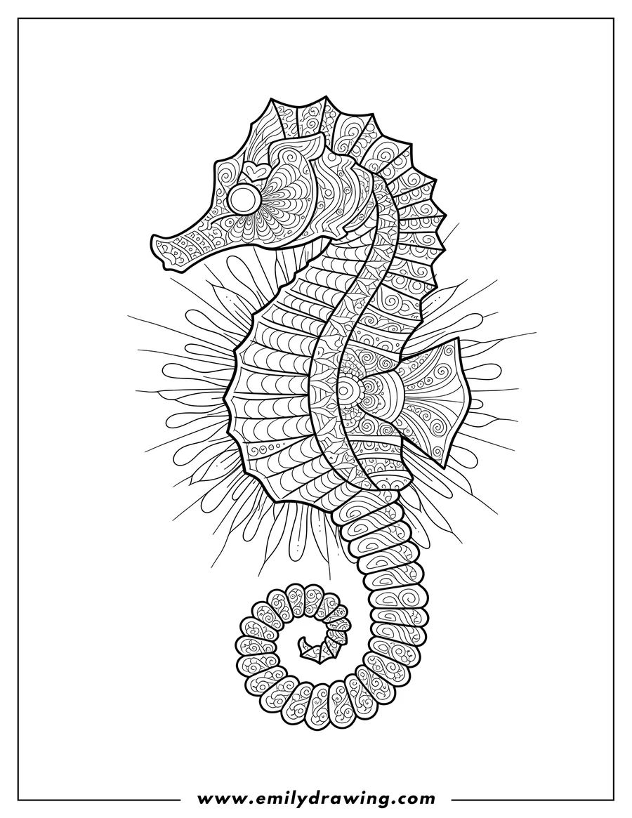 Black and white line art of seahorse Mandala Adults, full-body with intricate zentangle patterns