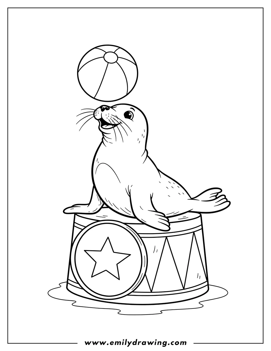 Vector style outline of seal Balancing Ball On Its Nose on a Drum