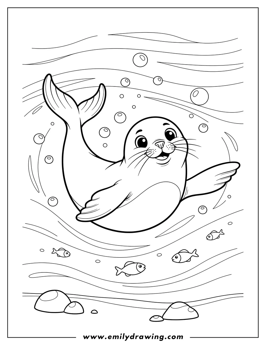 High quality printable seal Diving Water, swimming with flippers spread for coloring