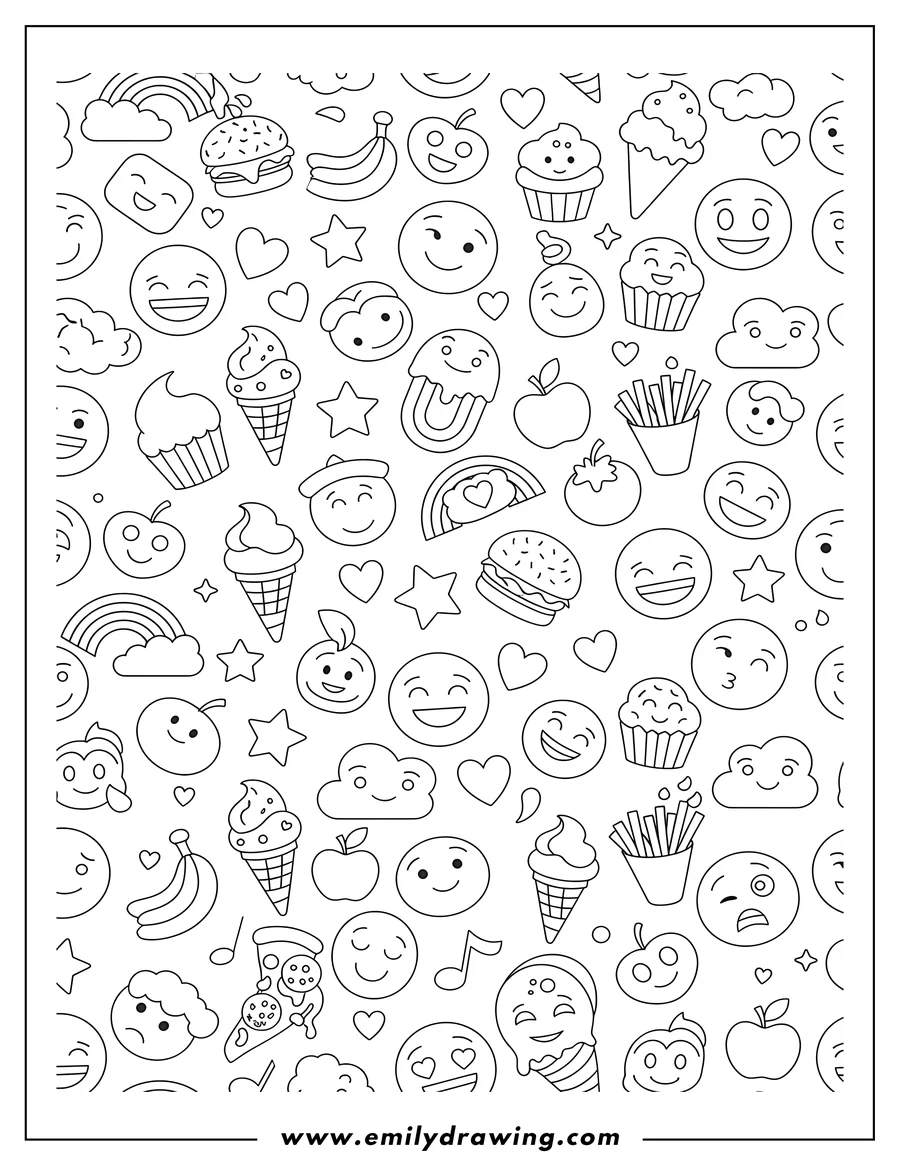 Coloring page for kids: seamless pattern of various emoji faces, objects, and food outlines