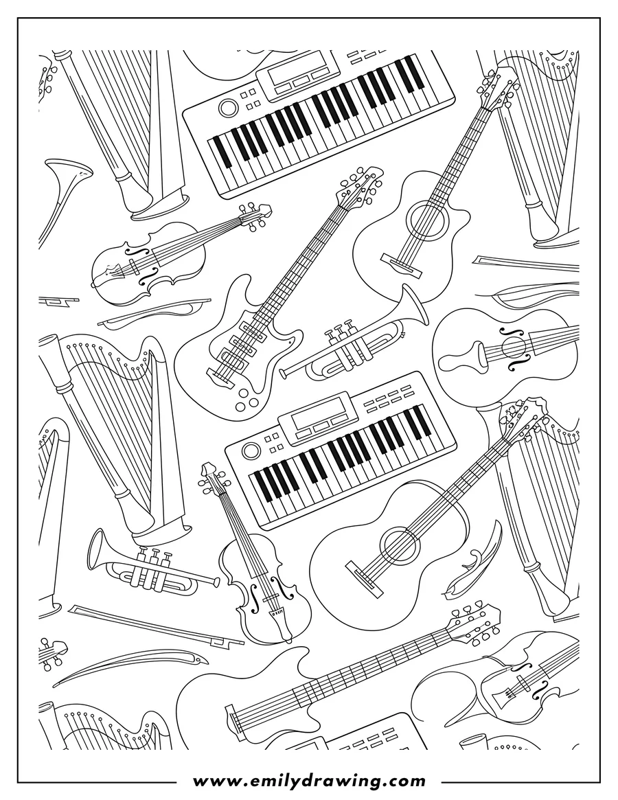 Downloadable coloring page of A seamless pattern of musical instruments including an Electronic Keyboard, Electric Guitar, Trumpet, Violin, Harp, and Acoustic Guitar