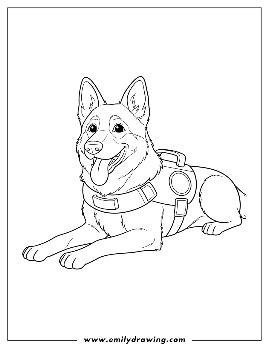 Printable line art of search Dog German Shepherd Wearing Vest, Lying Down with Tongue Out