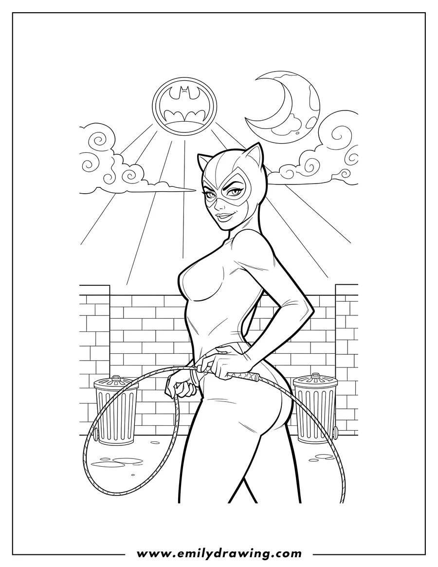 Linear illustration of selina Kyle Catwoman An Alley With Bat Signal Sky, posing and holding a whip