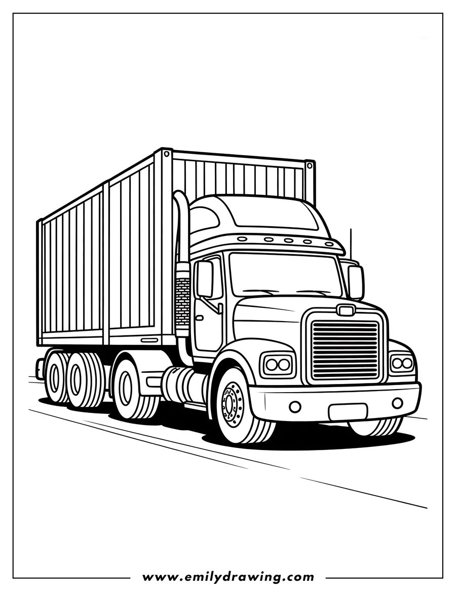 Outline of a large semi-truck hauling a long cargo container, shown driving forward with many wheels visible.