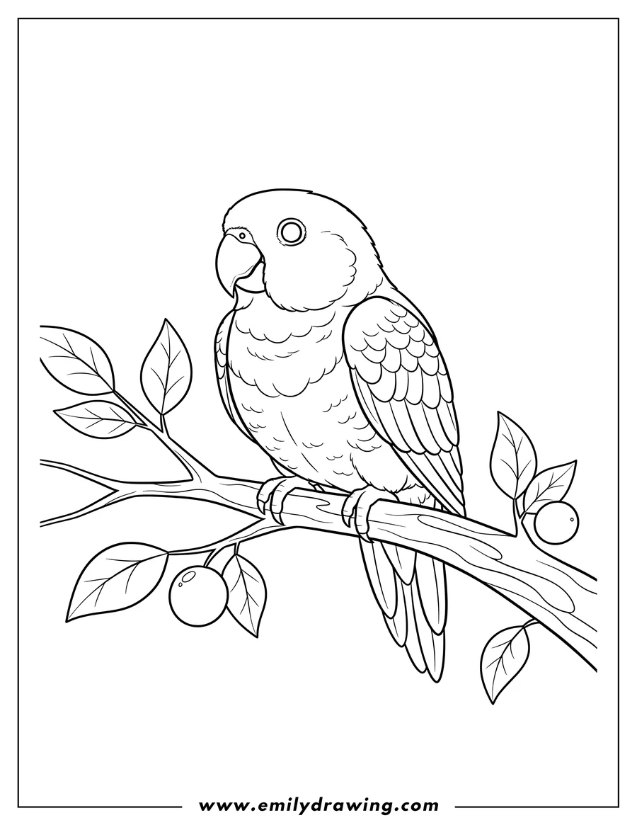 Full page coloring image of senegal Parrot perched on a branch to color