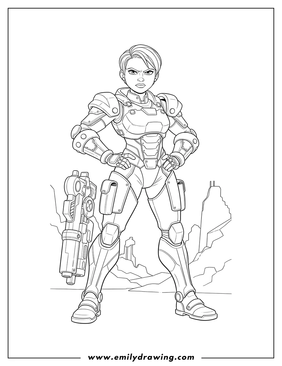 Free to print drawing of detailed Sergeant Calhoun in full armor, holding a blaster, with her hands on her hips