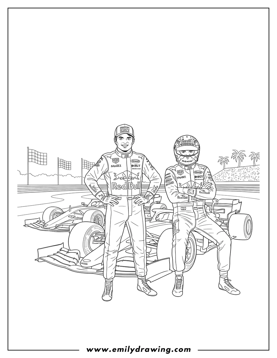 Outline drawing of sergio Perez and Max Verstappen smiling, one standing and one sitting, with F1 racing cars
