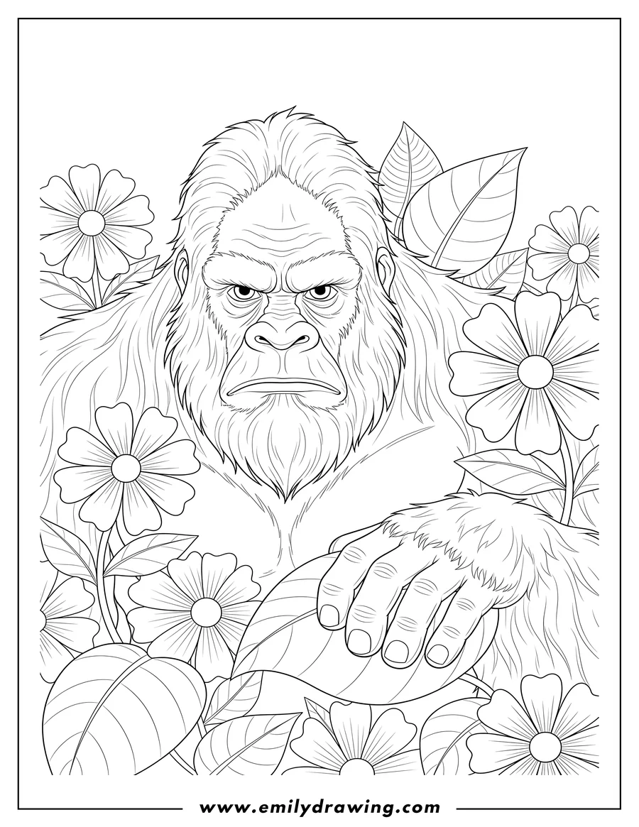 High quality printable serious Bigfoot peeking through flowers and leaves, with one hand resting on a large leaf for coloring