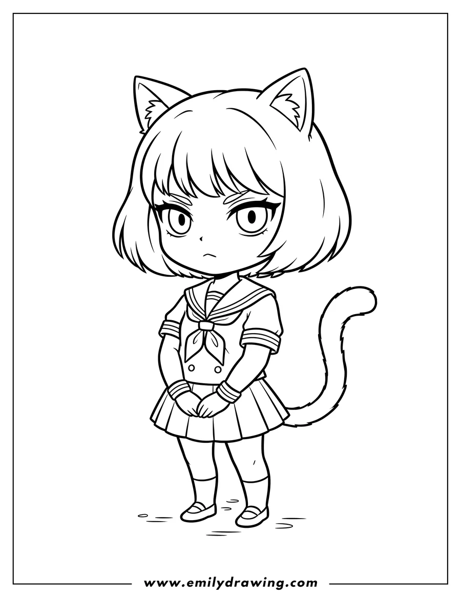 Printable line art of serious Chibi Girl With Cat Ears And Tail, wearing a sailor uniform and standing