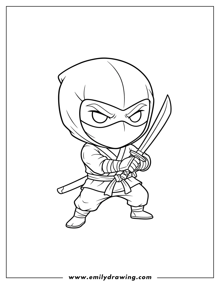 Full page coloring image of serious Chibi Ninja wearing a mask, holding a sword, for Preschoolers