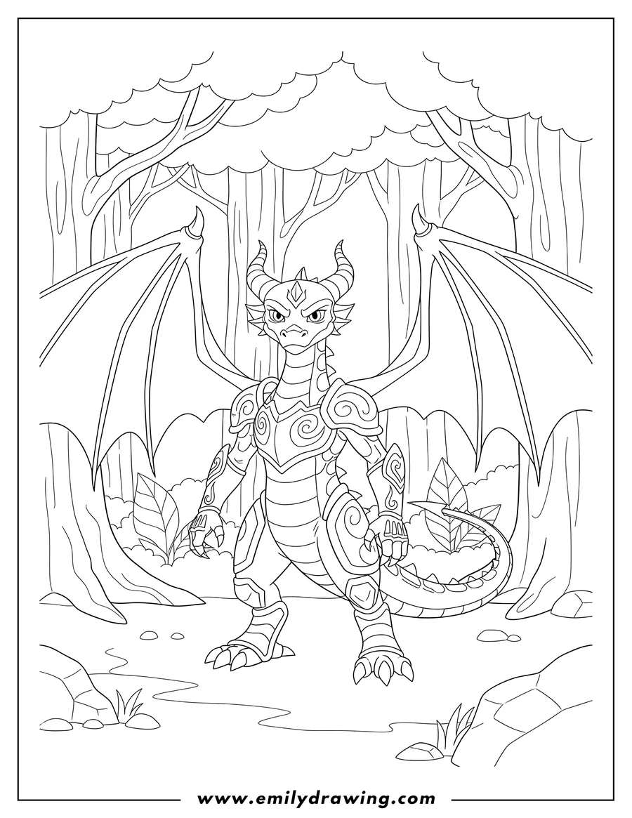High quality printable serious Cynder standing in a forest with wings spread and wearing armor for coloring
