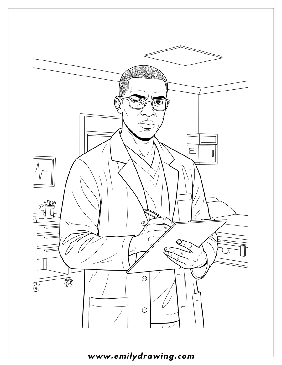 Downloadable coloring page of serious Black Doctor in an Emergency Room, wearing glasses and writing on a clipboard