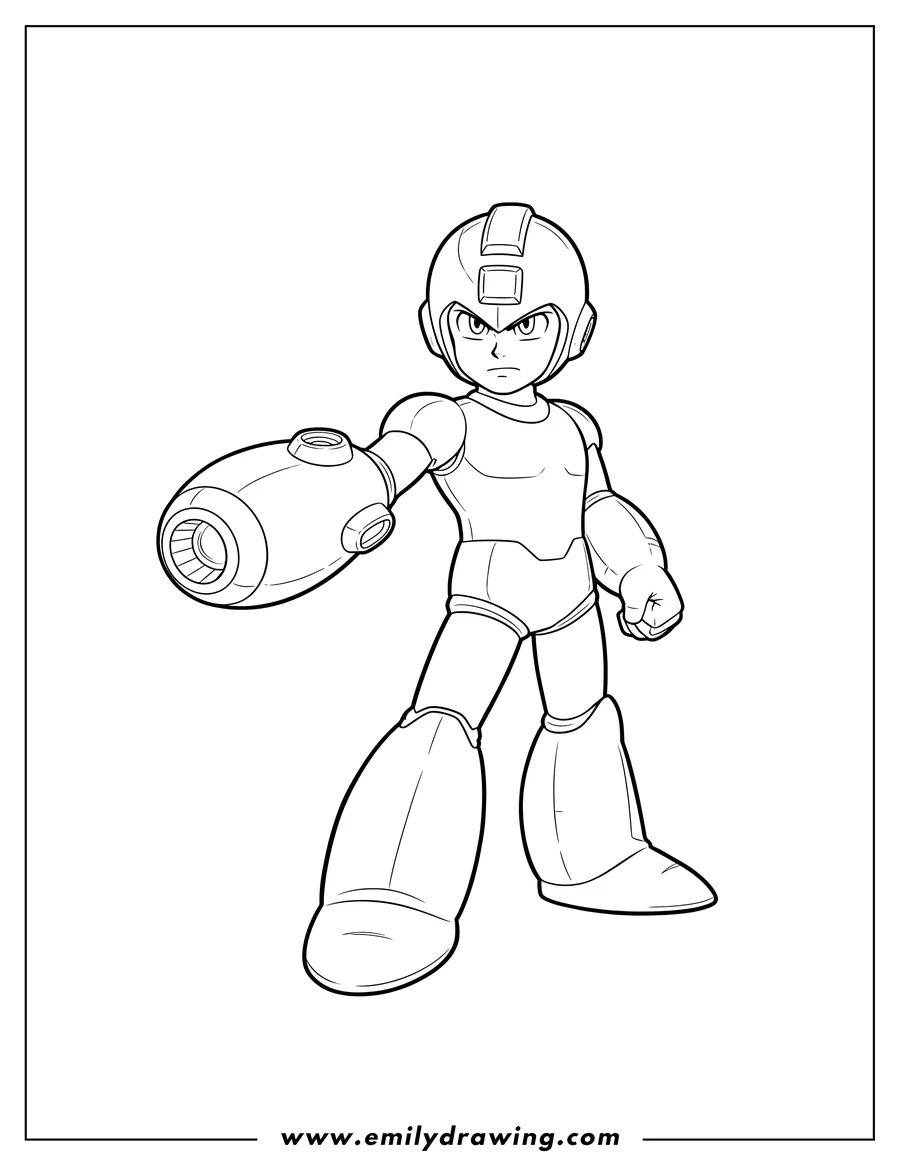 Doodle style coloring picture of serious Mega Man showing off his arm cannon, gripping it with his free hand