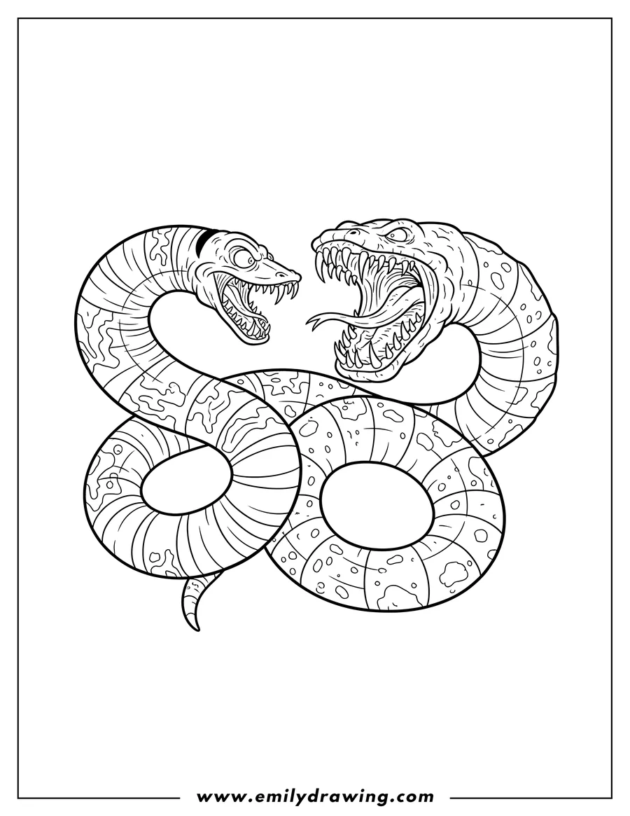 Vector style outline of beetlejuice Serpent and Sandworm intertwined, facing each other with open mouths