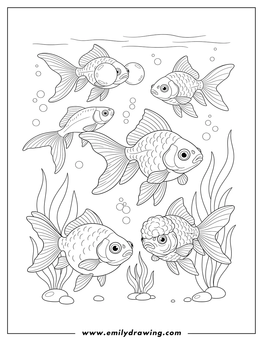 Simple sketch of seven different types of goldfish to color