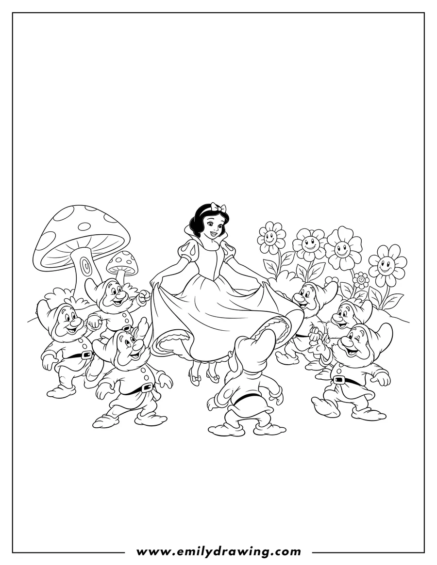 PDF style coloring page: seven Dwarves dancing in a circle around a smiling Snow White, who is holding out her dress