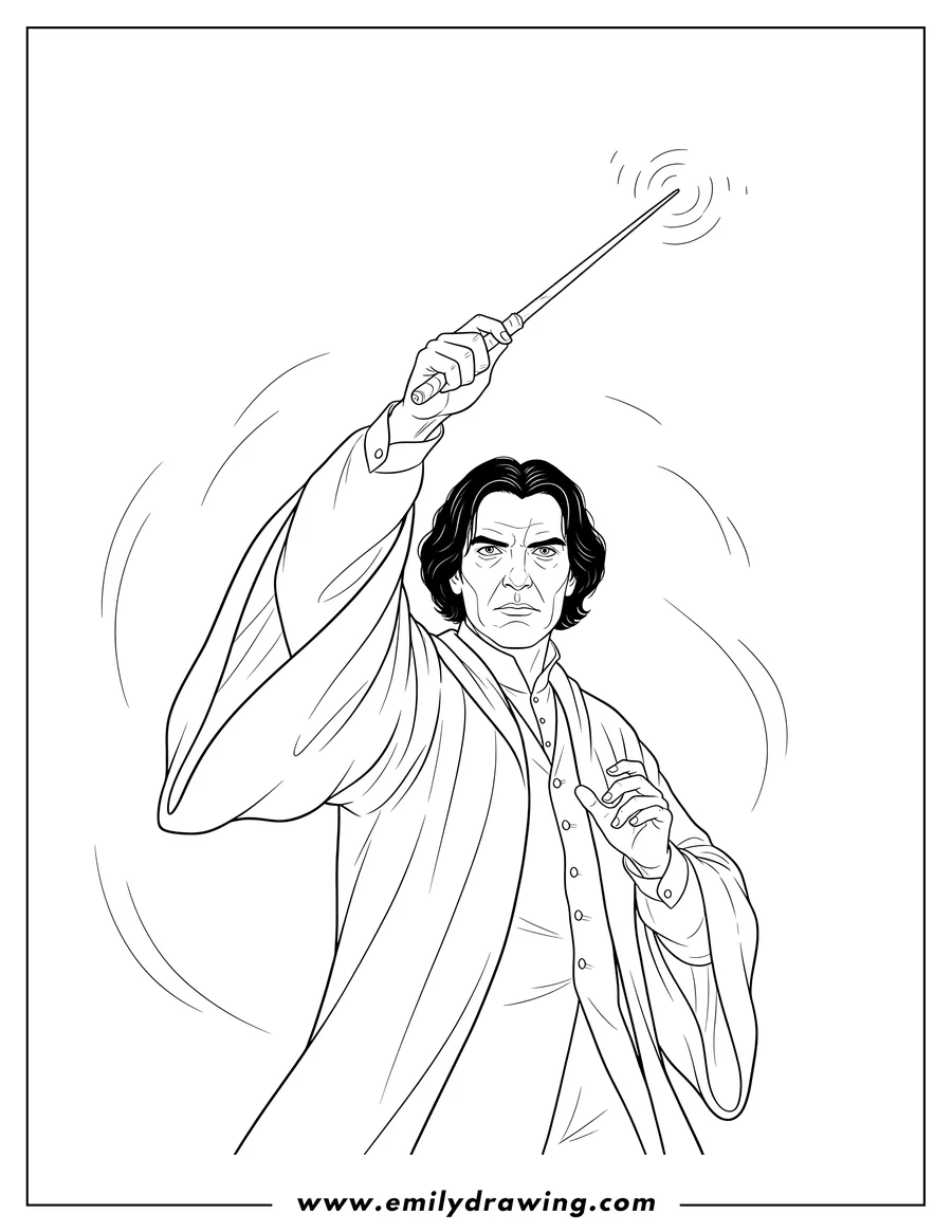 Clean line drawing: severus Snape with wand raised, about to cast a spell