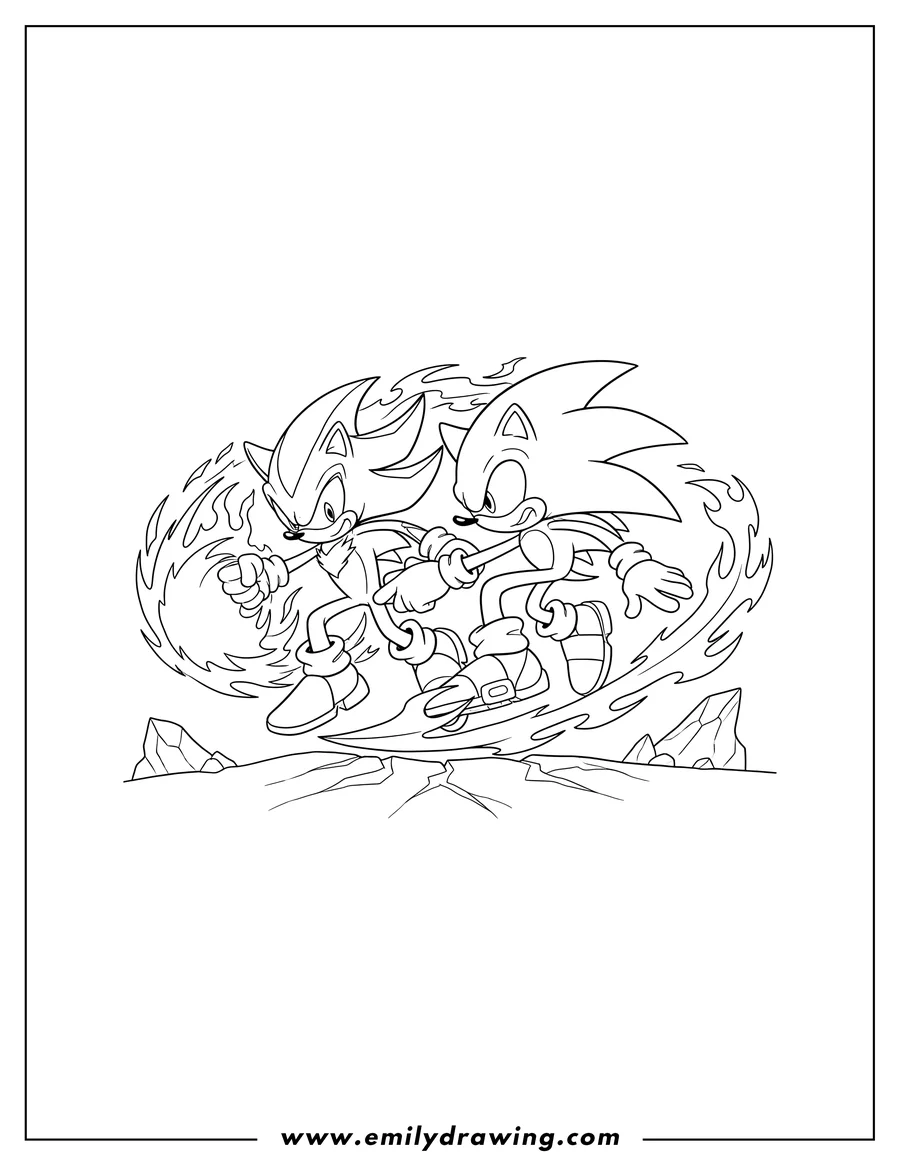 Doodle style coloring picture of shadow and Sonic battling with flames
