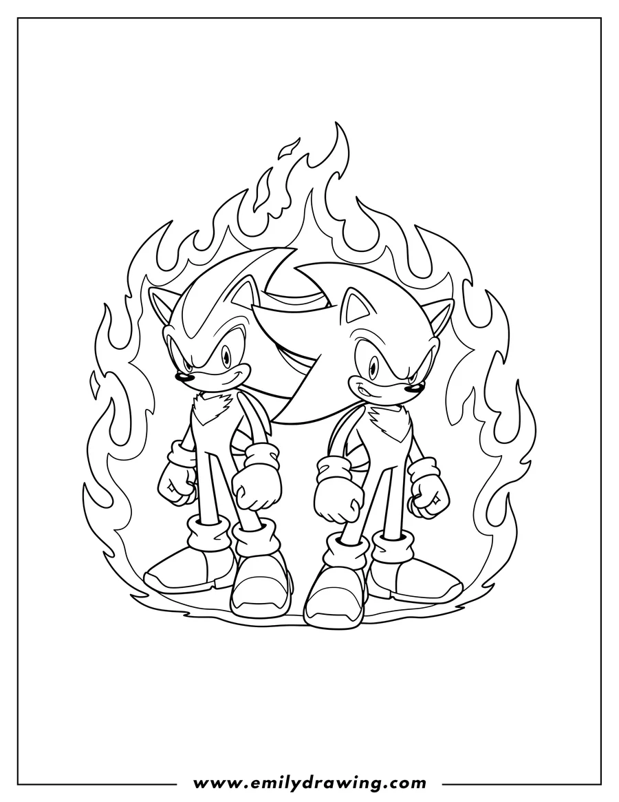 Full page coloring image of shadow and Sonic standing side-by-side, surrounded by a fiery aura