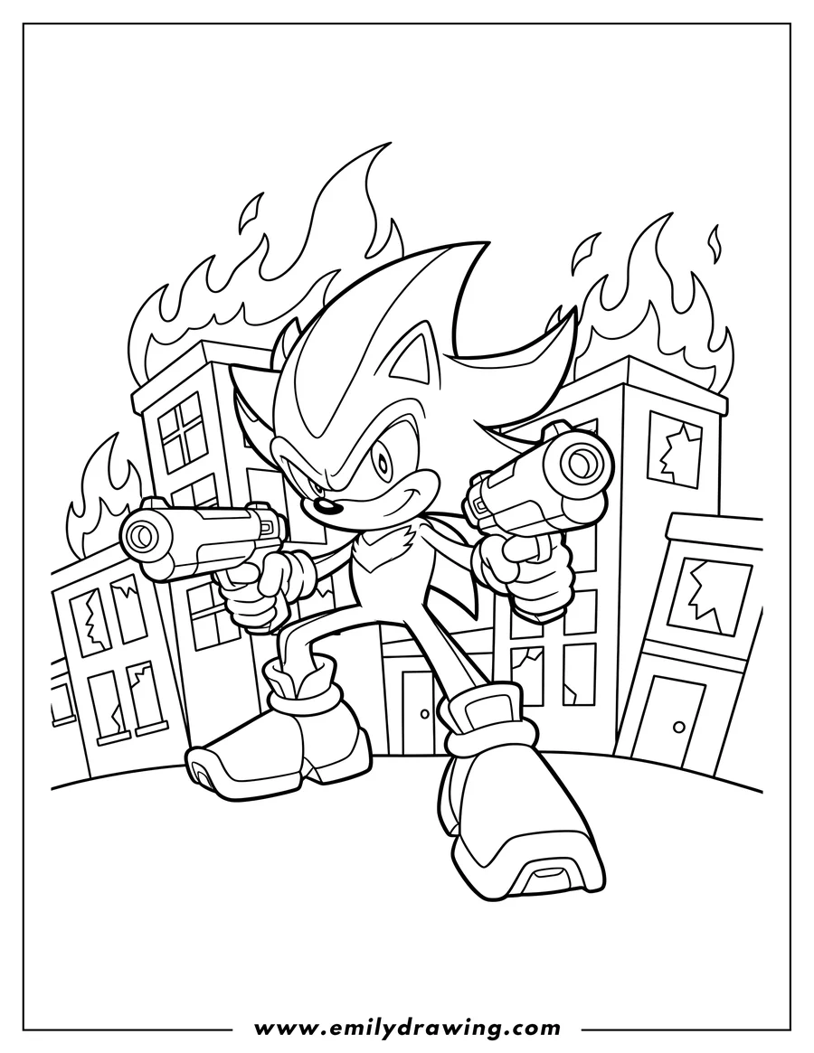Free to print drawing of shadow fighting in a burning city, holding two guns