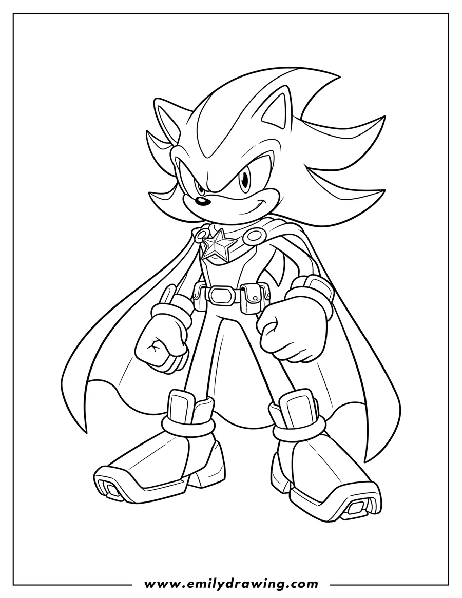 Outline drawing of shadow Hedgehog Cool Costume, wearing a cape, with a clenched fist