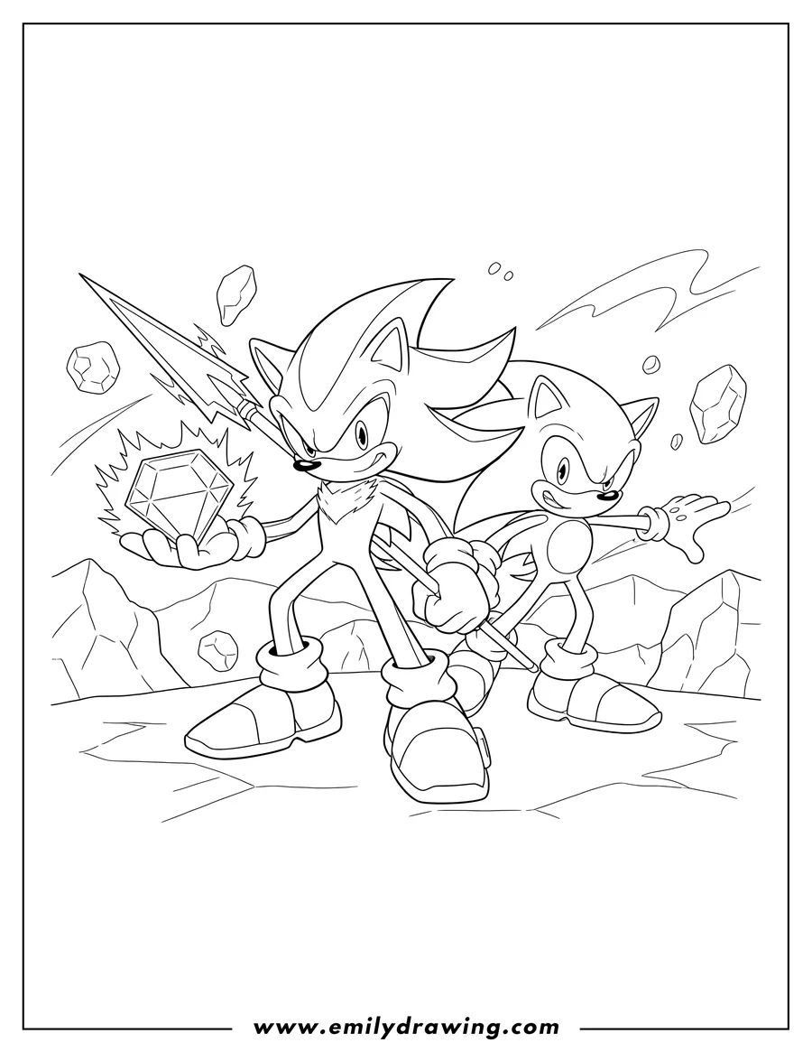Free to print drawing of shadow the Hedgehog and Sonic, with Shadow holding a Chaos Emerald and a Chaos Spear