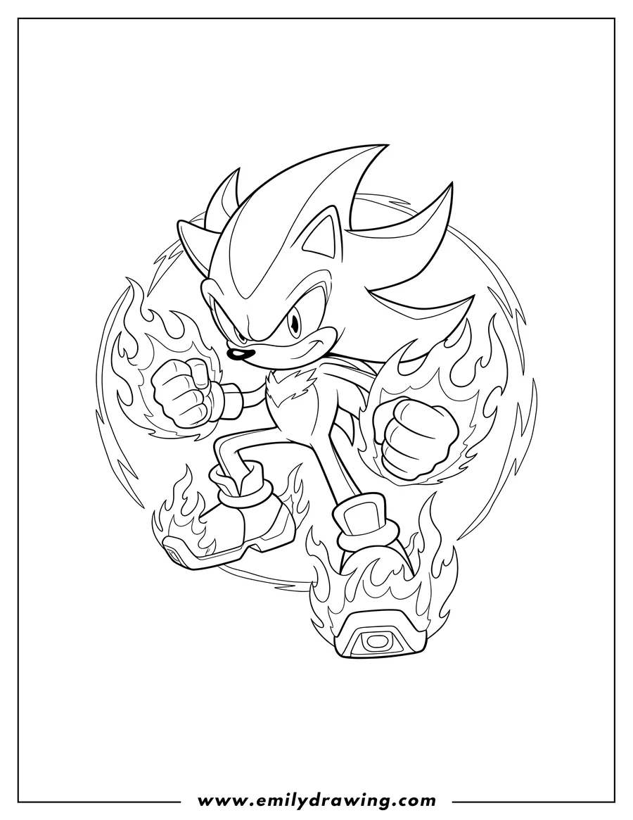 PDF style coloring page: shadow the Hedgehog in a fiery fighting pose