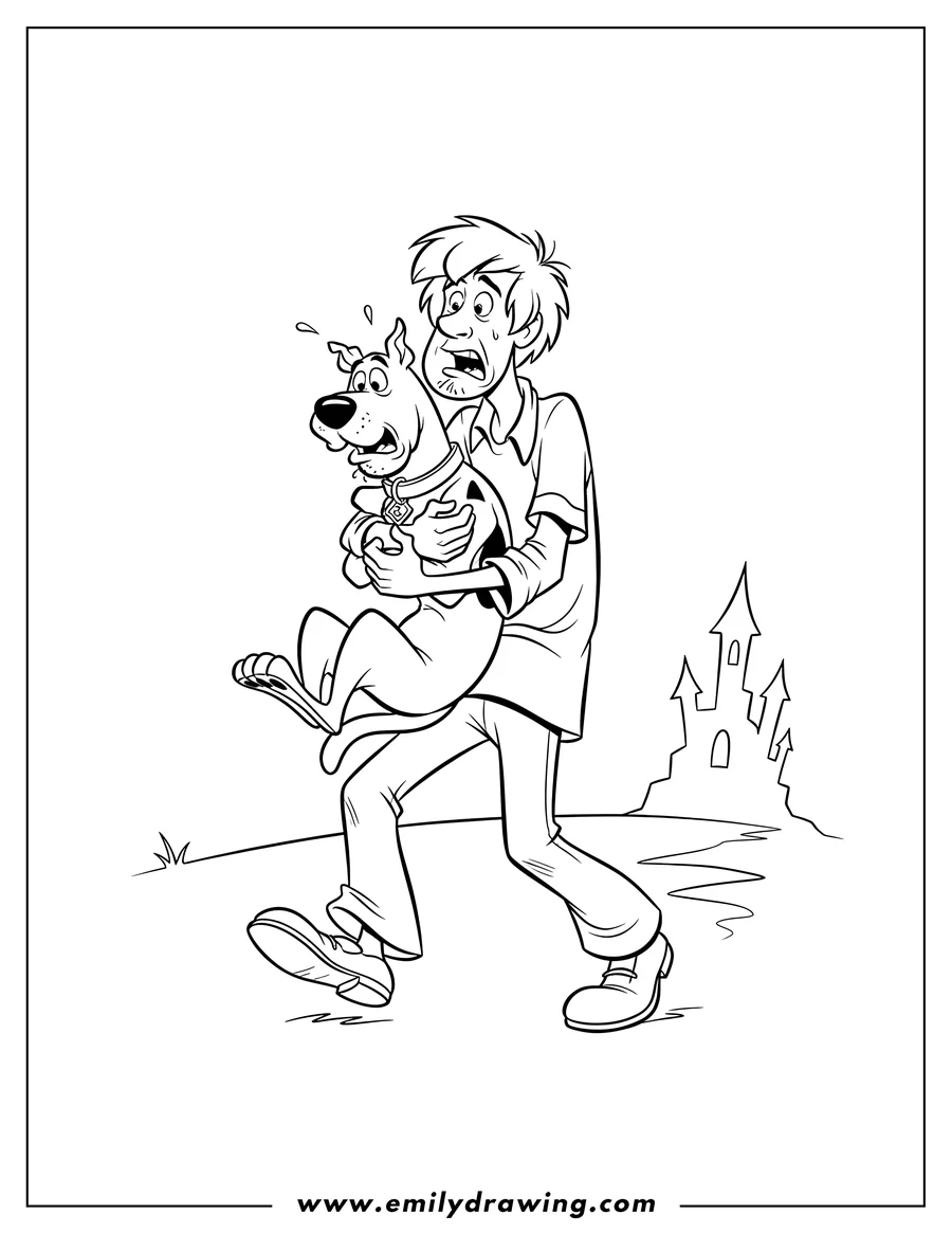 Printable line art of scared Scooby Doo Being Held By Shaggy Scaled, with Shaggy also looking scared while carrying Scooby in his arms