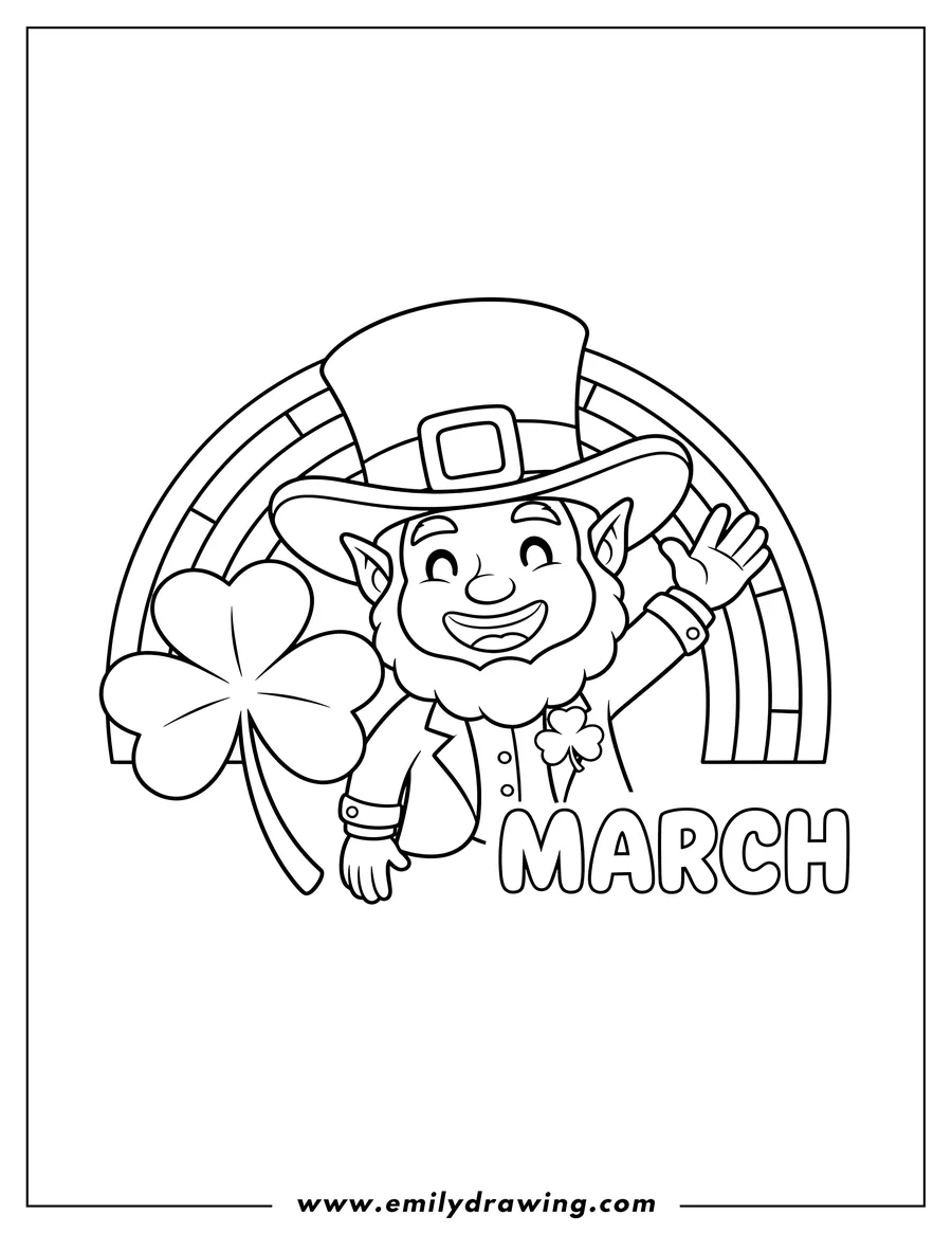 Coloring page for kids: shamrock, smiling and waving leprechaun, top hat with buckle, rainbow, and bubbly March word