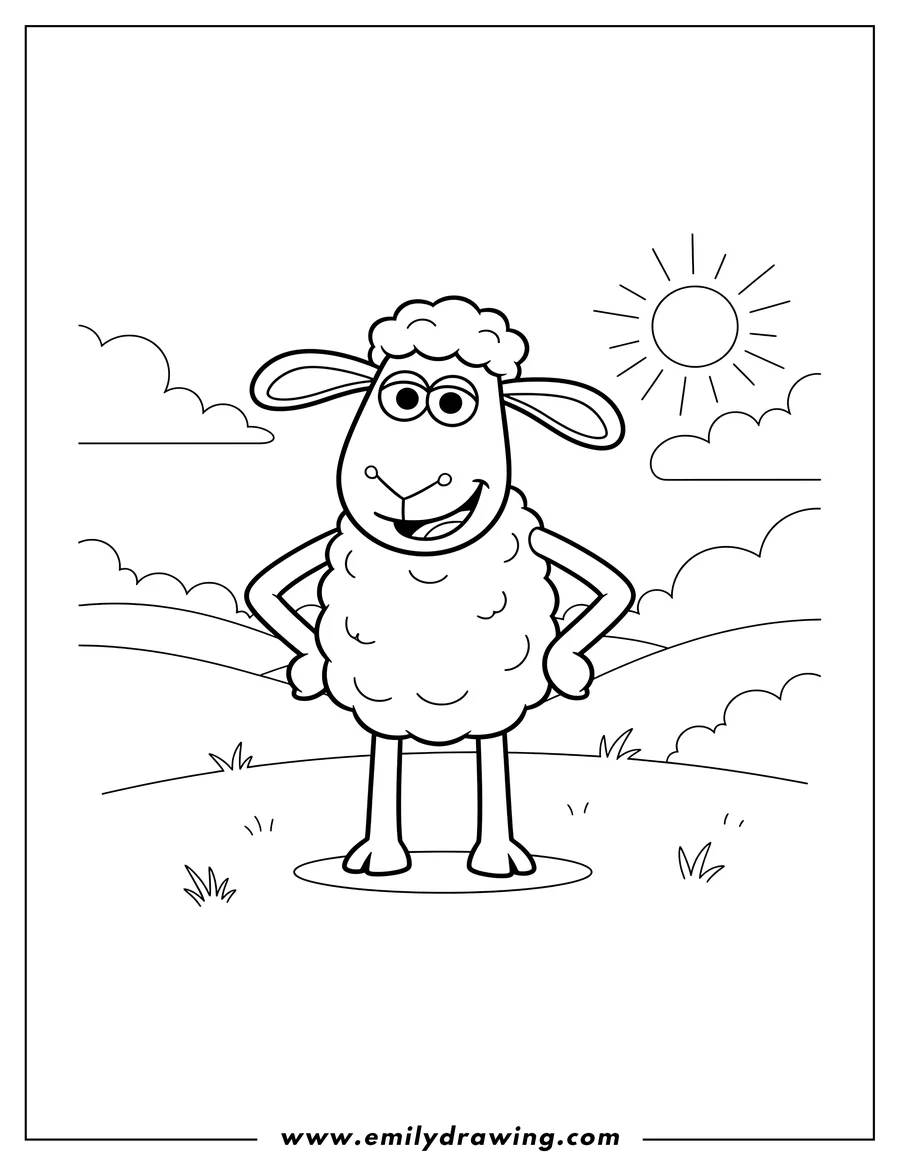Free to print drawing of shaun the Sheep standing with hands on hips
