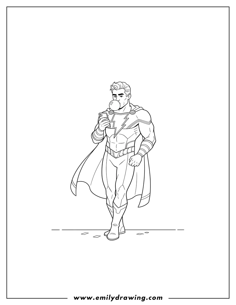 High quality printable shazam blowing bubblegum, leaning, and looking at his phone for coloring