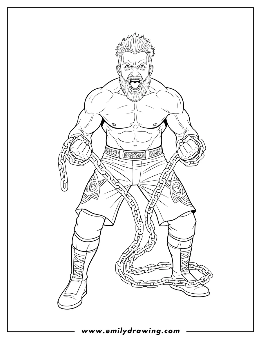 Outline drawing of sheamus Wwe Wrestler roaring with a chain and clenched fists