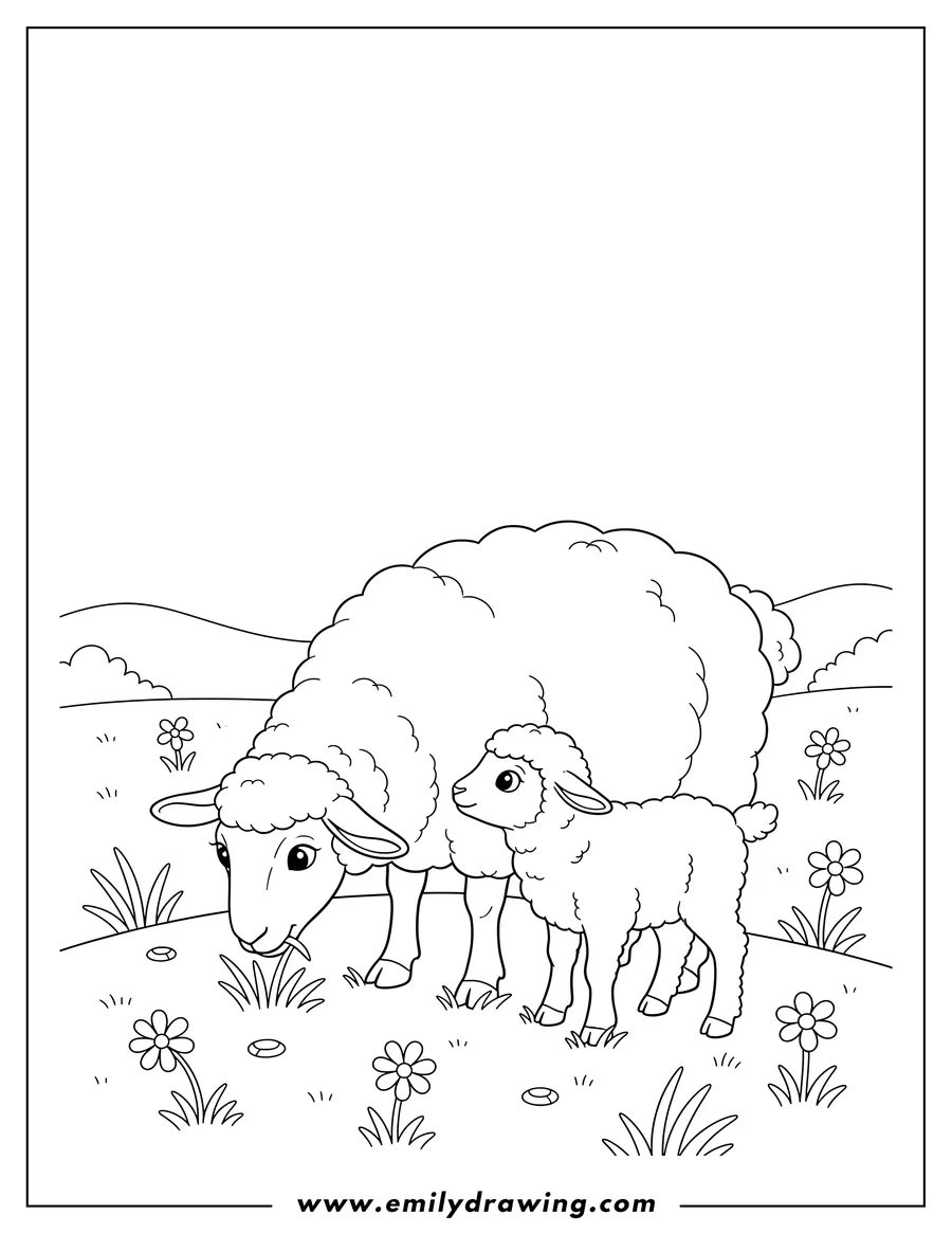 Coloring page of sheep And Baby Lamb Scaled, a sheep grazing while a lamb stands beside her