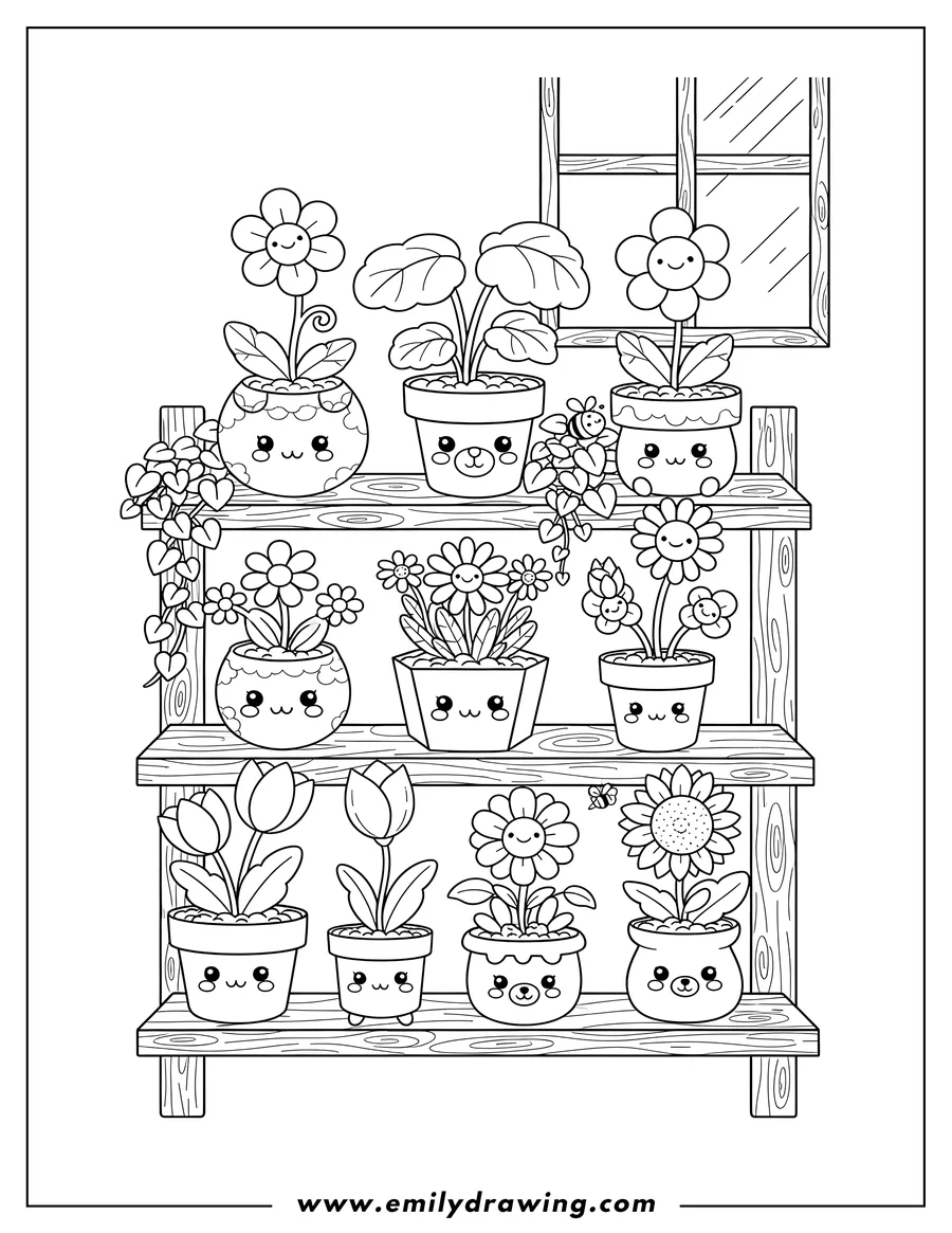 Black and white line art of shelves Full Cute potted plants and flowers