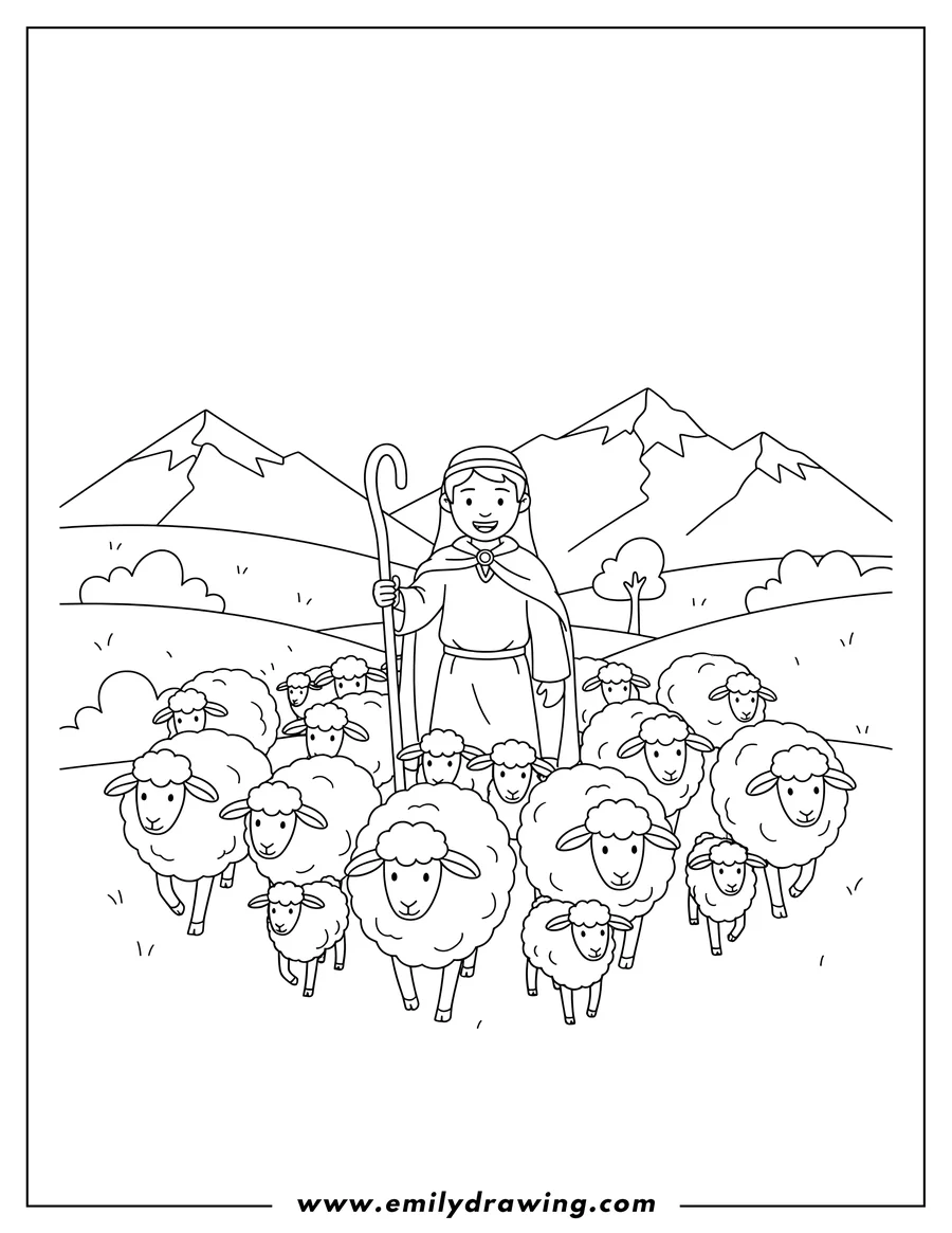 Downloadable coloring page of shepherd holding a staff leading a flock of sheep looking forward through mountain fields